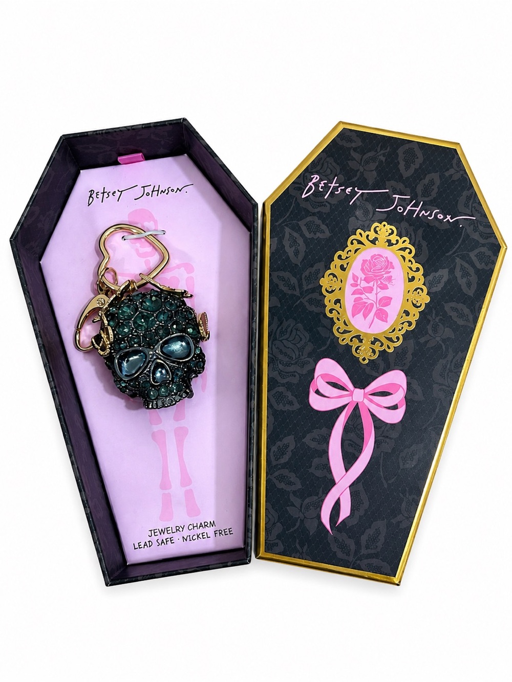 Betsey Johnson Rhinestone Skull Bag Charm Keychain Coffin Box